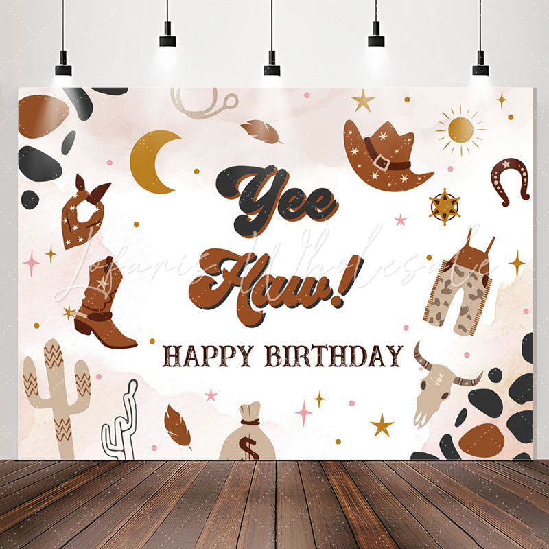 Lofaris Yee Haw Western Cowboy Brown Happy Birthday Backdrop