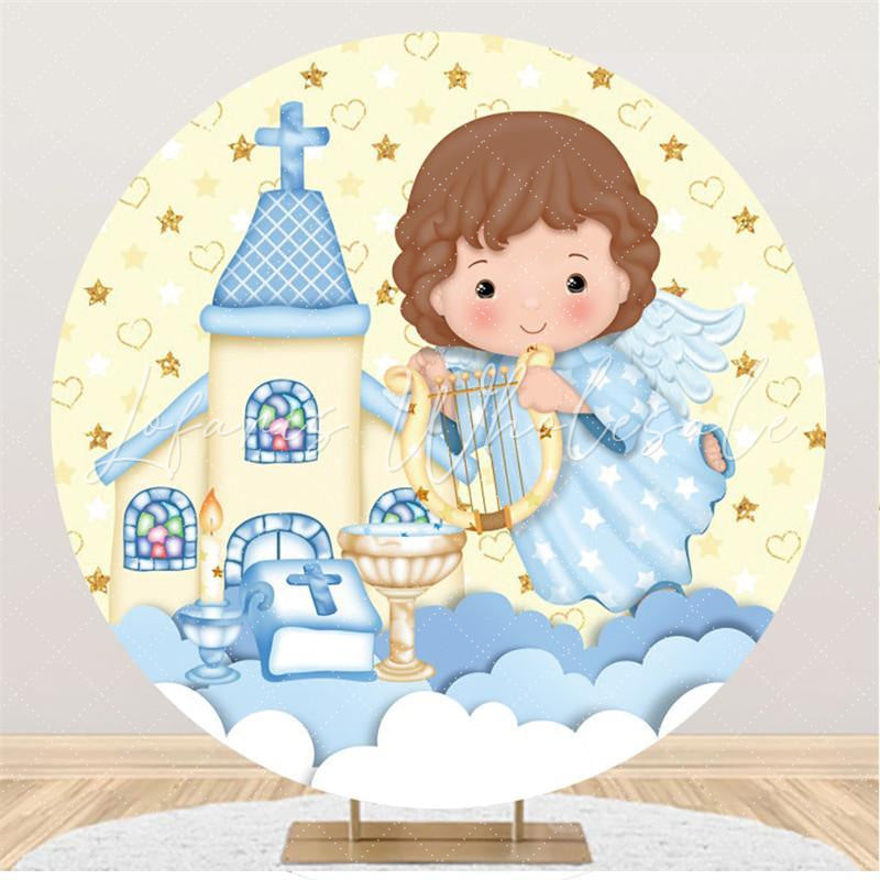 Lofaris Yellow And Blue Cute Angel Church Round Party Backdrops for Boy