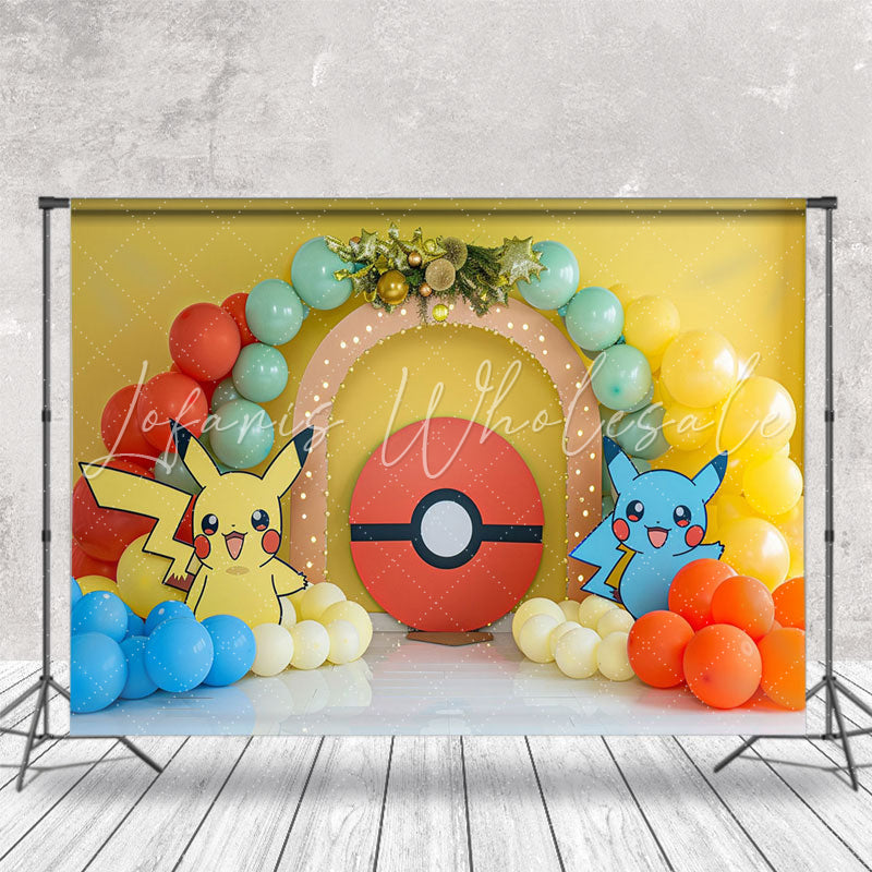 Yellow And Blue Pokemon Balloons Cake Smash Backdrop