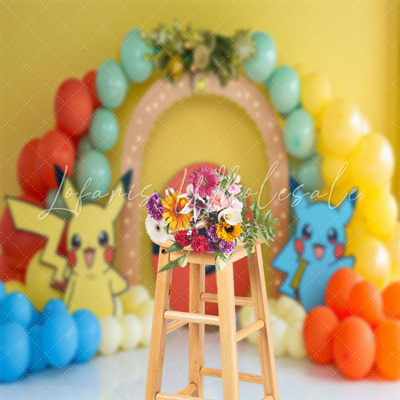 Yellow And Blue Pokemon Balloons Cake Smash Backdrop