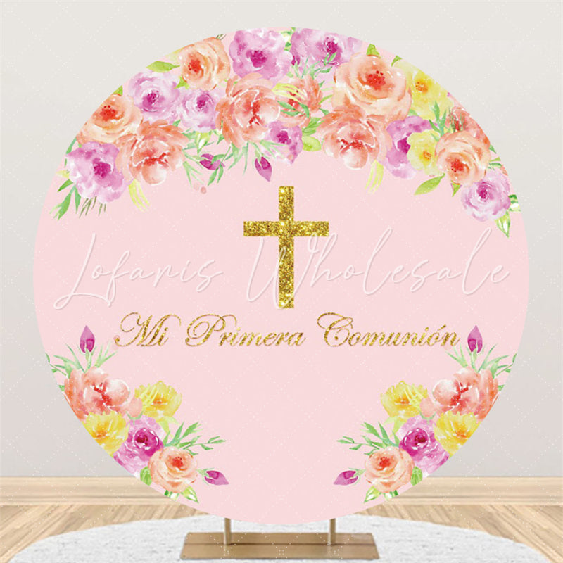 Lofaris Yellow And Purple Flowers Happy Birthday Round Backdrop