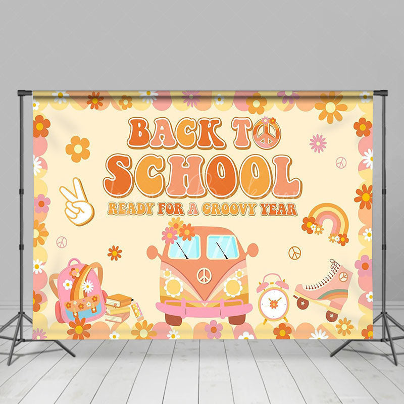 Lofaris Yellow Floral Car Groovy Back To School Backdrop