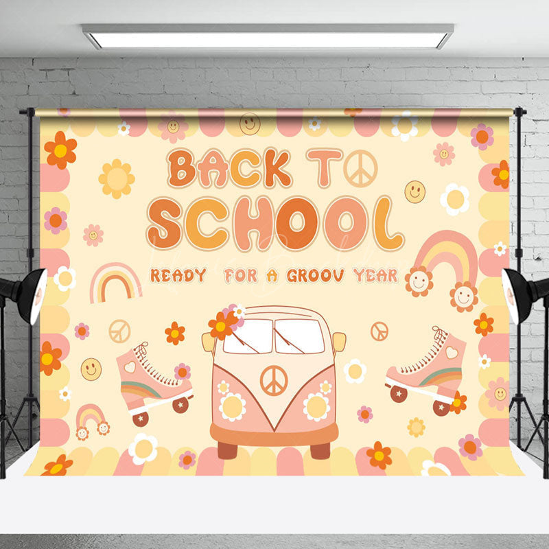 Lofaris Yellow Floral Sun Car Groovy Back To School Backdrop