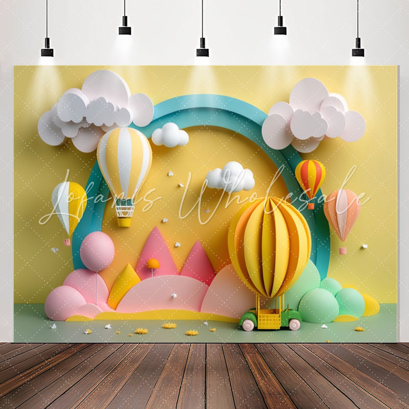 Lofaris Yellow Hot Air Balloon Cloud Arch Birthday Backdrop
