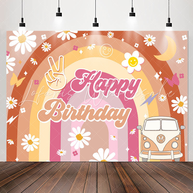 Lofaris Yellow Rainbow Daisy Truck Groovy Birthday Backdrop