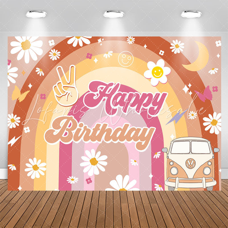 Lofaris Yellow Rainbow Daisy Truck Groovy Birthday Backdrop