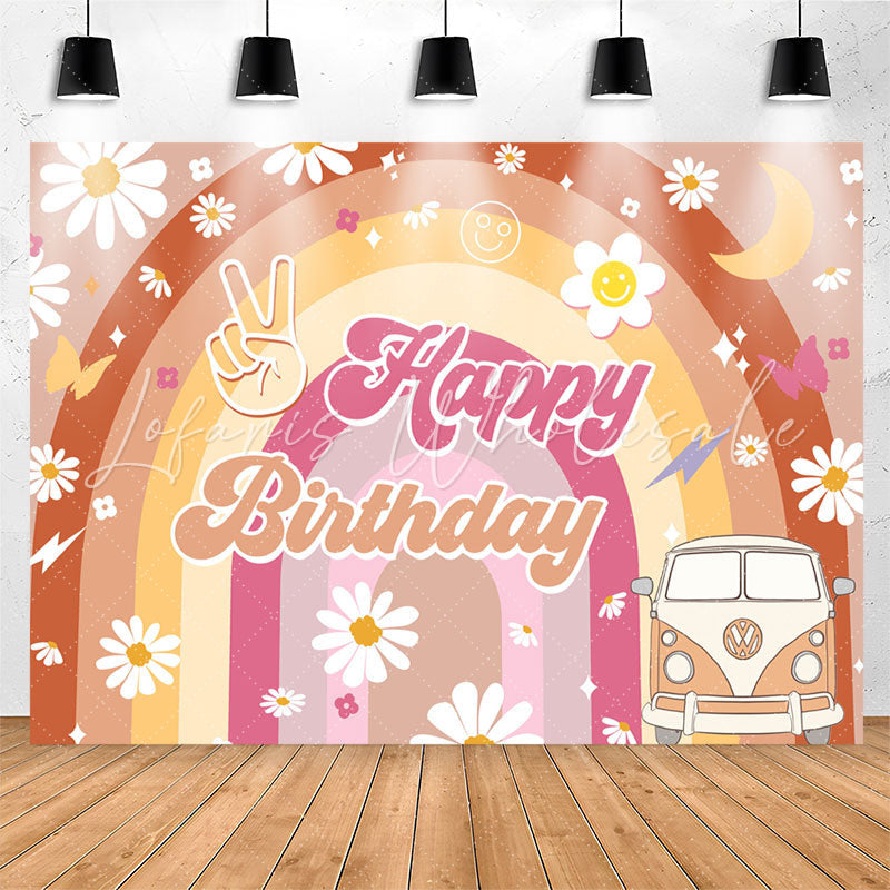 Lofaris Yellow Rainbow Daisy Truck Groovy Birthday Backdrop