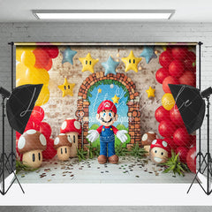 Yellow Red Balloon Mushroom Mario Cake Smash Backdrop