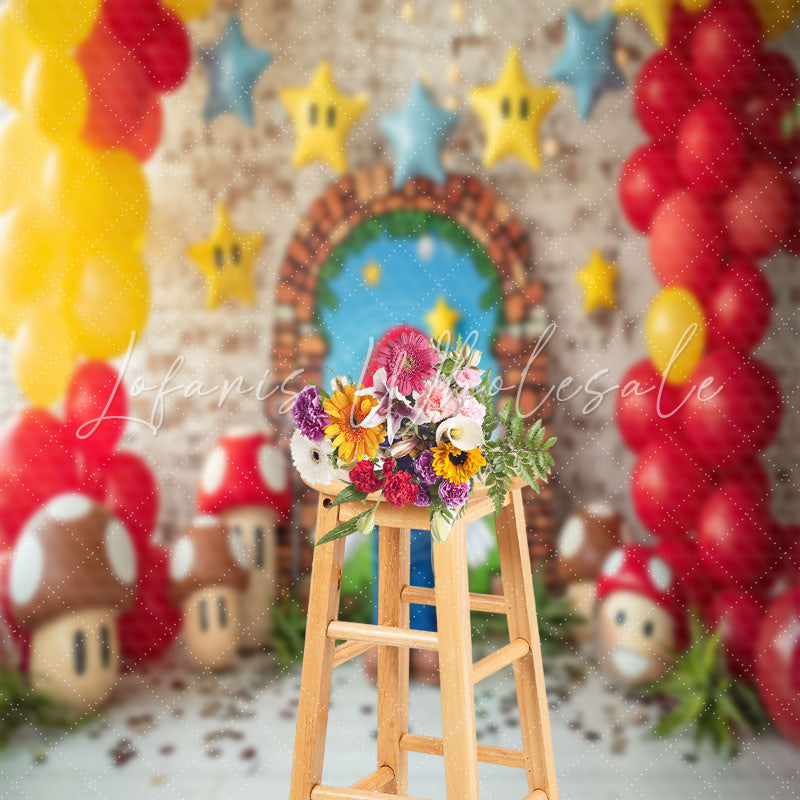 Yellow Red Balloon Mushroom Mario Cake Smash Backdrop