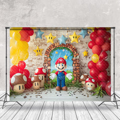 Yellow Red Balloon Mushroom Mario Cake Smash Backdrop