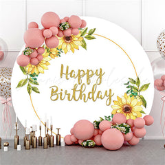 Lofaris Yellow Sunflower White Happy Birthday Round Backdrop