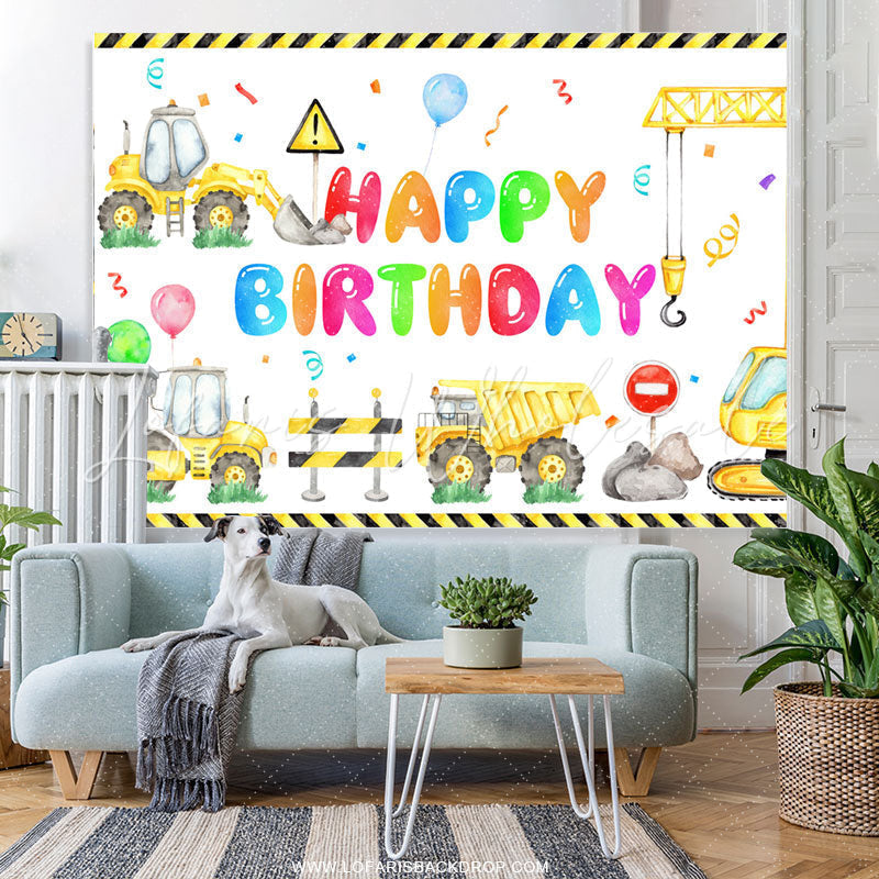 Lofaris Yellow Truck And Balloons Boys Happy Birthday Backdrop