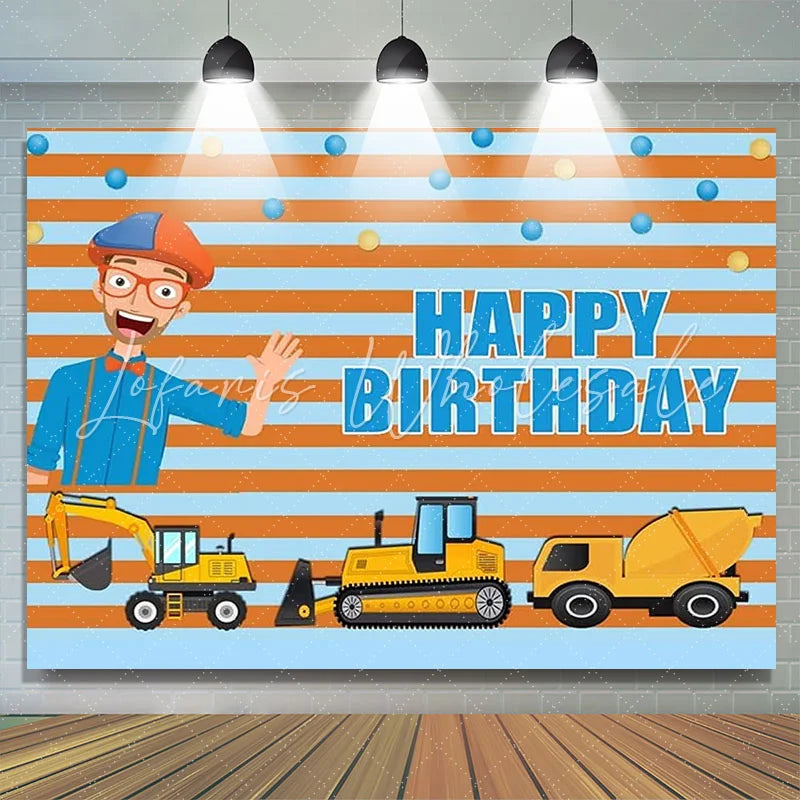 Lofaris Yellow Truck And Boy Stripes Happy Birthday Backdrop