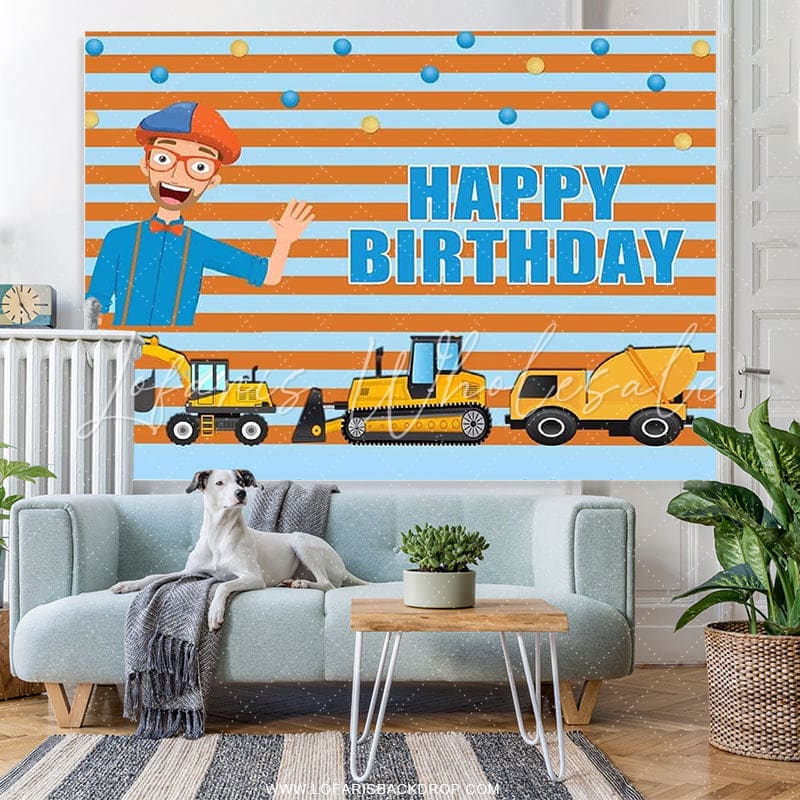Lofaris Yellow Truck And Boy Stripes Happy Birthday Backdrop