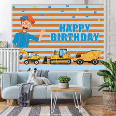 Lofaris Yellow Truck And Boy Stripes Happy Birthday Backdrop