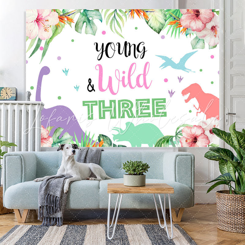 Lofaris Young Wild Dinosaur Plant Backdrop for Three Birthday Party