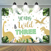 Lofaris Young Wild Three Dinosaur Green Backdrop for Birthday