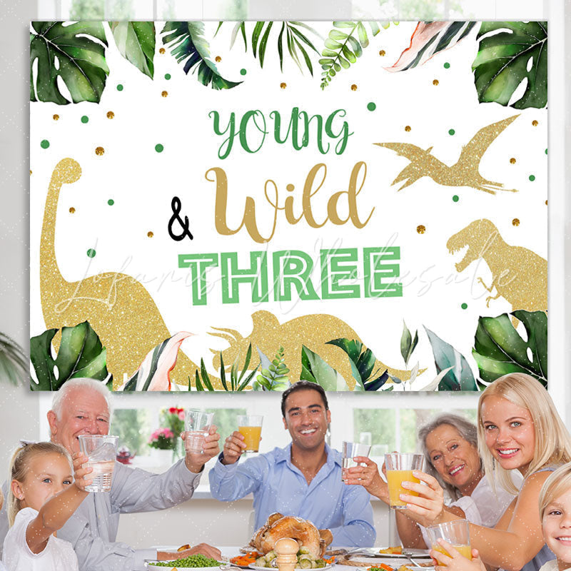 Lofaris Young Wild Three Dinosaur Green Backdrop for Birthday
