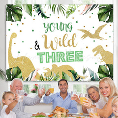 Lofaris Young Wild Three Dinosaur Green Backdrop for Birthday