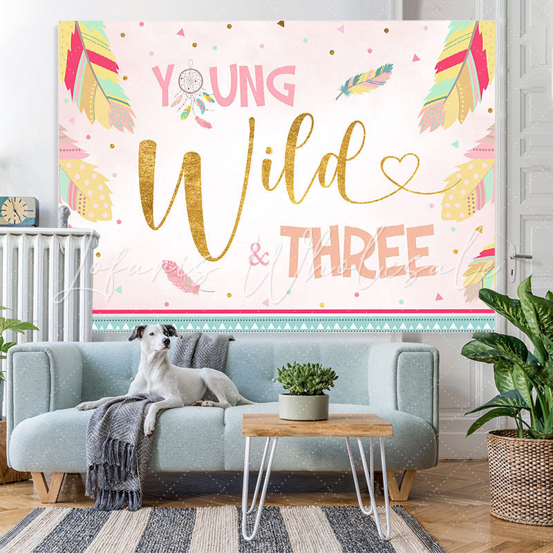 Lofaris Young Wild three Feather Happy 3rd Birthday Backdrop
