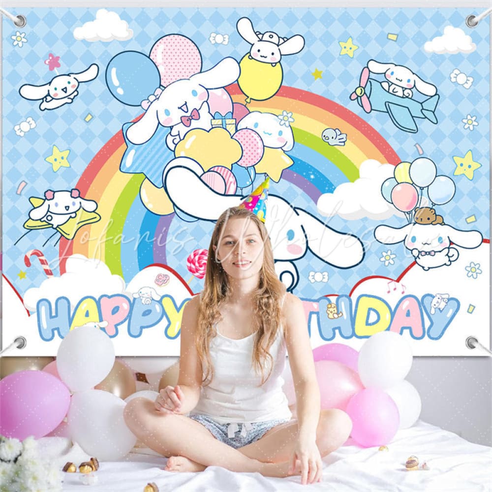(7 Day Delivery) Blue Sanrio Cinnamorol Rainbow Kids Happy Birthday Backdrop