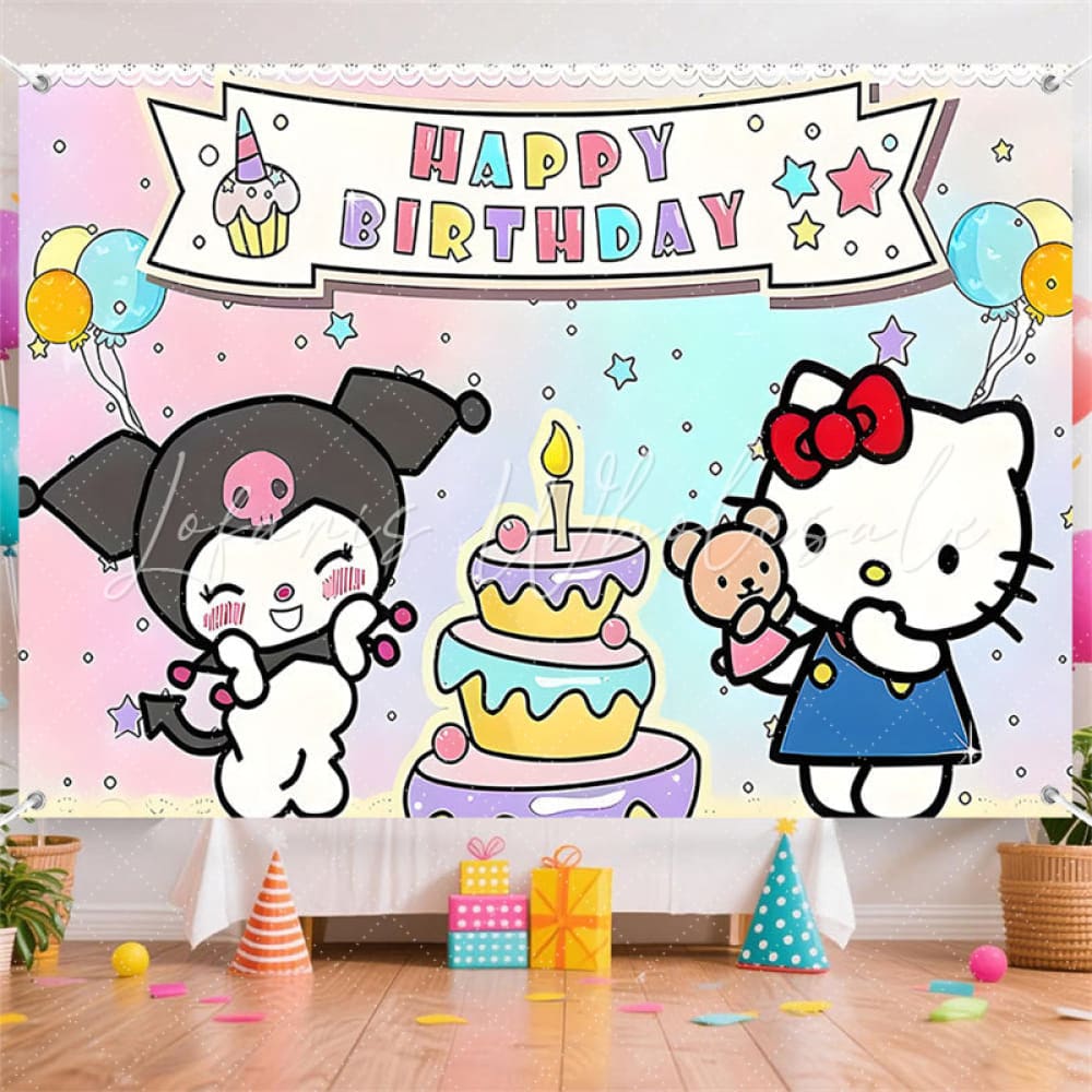 (7 Day Delivery) Cartoon Sanrio Hello Kitty Kuromi Happy Birthday Backdrop