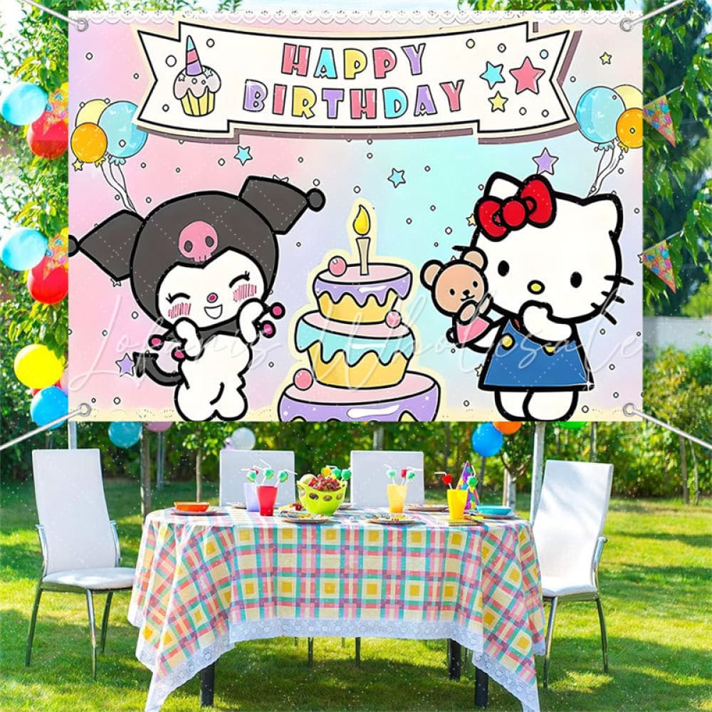 (7 Day Delivery) Cartoon Sanrio Hello Kitty Kuromi Happy Birthday Backdrop