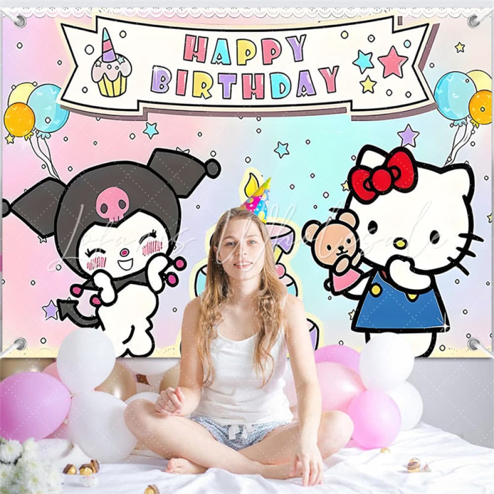 (7 Day Delivery) Cartoon Sanrio Hello Kitty Kuromi Happy Birthday Backdrop