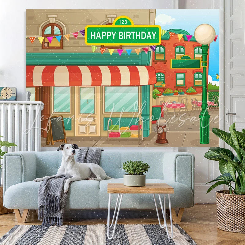 (7 Day Delivery) Lofaris Animated House Street Birthday Backdrop for Decor