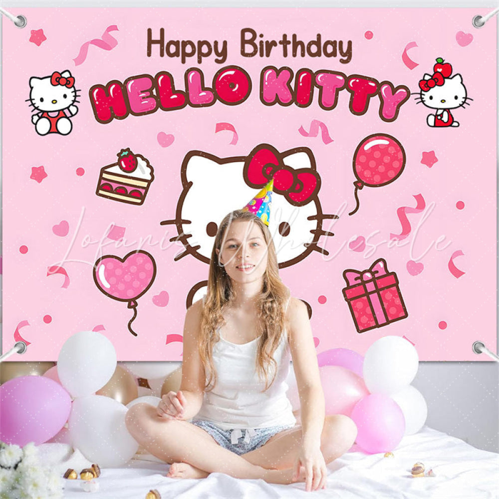(7 Day Delivery) Pink Cute Cat Hello Kitty Happy Birthday Backdrop For Kids
