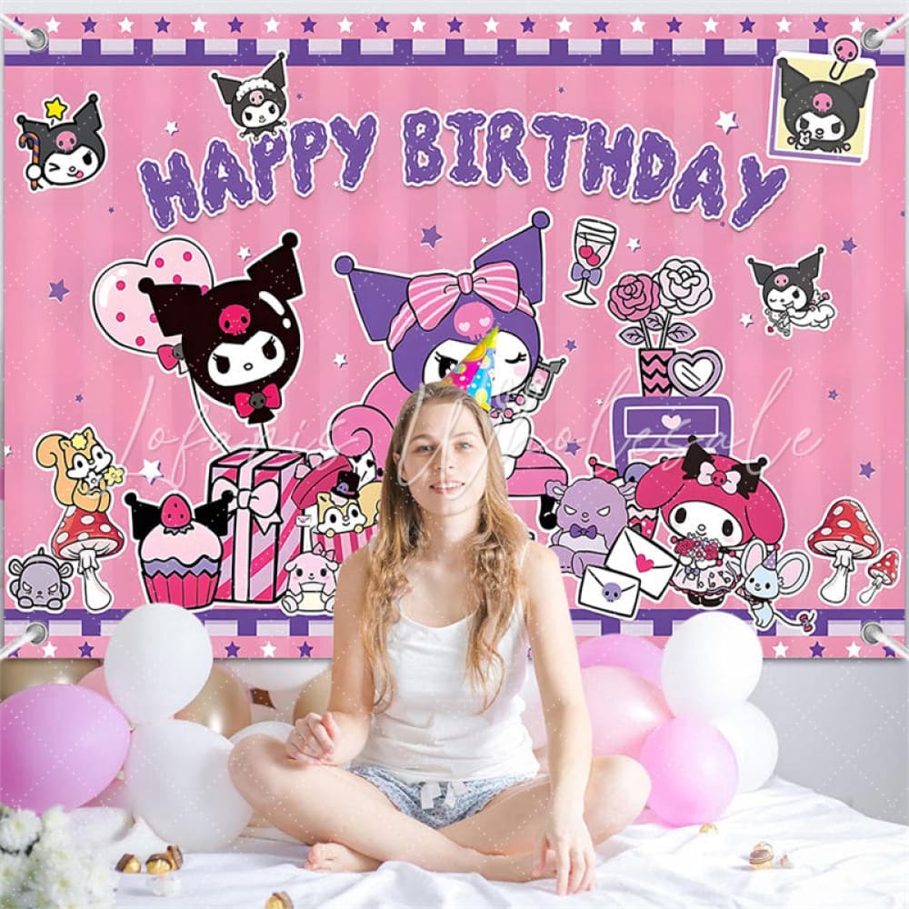 (7 Day Delivery) Pink Stars Evil Kuromi Cartoon Sanrio Happy Birthday Backdrop