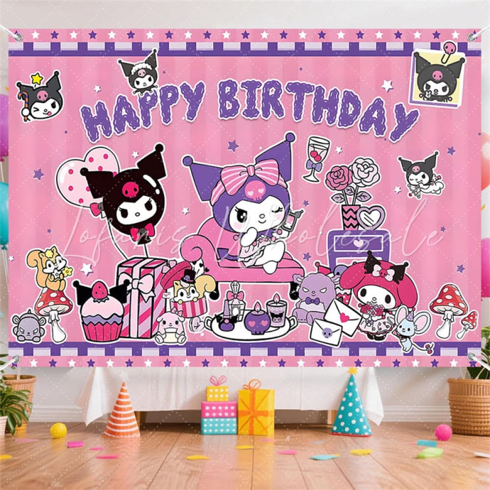 (7 Day Delivery) Pink Stars Evil Kuromi Cartoon Sanrio Happy Birthday Backdrop