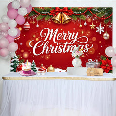 Lofaris Merry Christmas Red Backdrop with Pine Branches, Bells and Snow, Festive Holiday Background for Party Decor