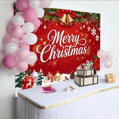 Lofaris Merry Christmas Red Backdrop with Pine Branches, Bells and Snow, Festive Holiday Background for Party Decor