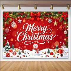 Lofaris Vibrant Red Merry Christmas Backdrop with Snowman and Pine Garland, Festive Holiday Party Background for Winter Photoshoot