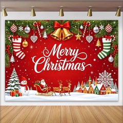 Lofaris Merry Christmas Backdrop with Santa, Snowman and Reindeer, Festive Winter Village Scene for Holiday Party Decor