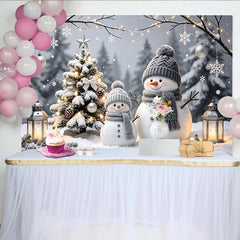 Lofaris Snowman Christmas Backdrop with Snowy Tree and Warm Lights, Winter Wonderland Photography Background for Holiday Party Decor