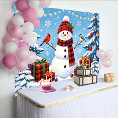 Lofaris Cheerful Christmas Snowman Backdrop with Plaid Scarf, Decorated Trees and Gifts, Winter Wonderland for Holiday Photo Booth Decor