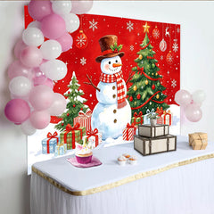 Lofaris Festive Snowman Christmas Tree Backdrop with Gifts and Snowflakes, Vibrant Red Winter Holiday Background for Party Decor