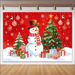 Lofaris Festive Snowman Christmas Tree Backdrop with Gifts and Snowflakes, Vibrant Red Winter Holiday Background for Party Decor