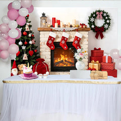 Lofaris Cozy Christmas Fireplace Backdrop with Decorated Tree and Gifts, Festive Holiday Background for Family Photoshoot and Party Decor