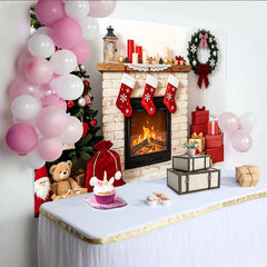 Lofaris Cozy Christmas Fireplace Backdrop with Decorated Tree and Gifts, Festive Holiday Background for Family Photoshoot and Party Decor