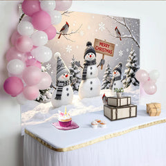 Lofaris Merry Christmas Snowman Winter Wonderland Backdrop with Snowy Pine Trees and Falling Snowflakes, Festive Holiday Photography Background