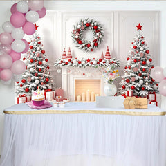 Lofaris White Christmas Tree Fireplace Holiday Backdrop, Red Ornaments and Gifts, Cozy Winter Wonderland for Family Photos and Party Decor