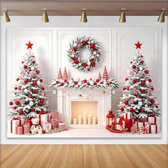 Lofaris White Christmas Tree Fireplace Holiday Backdrop, Red Ornaments and Gifts, Cozy Winter Wonderland for Family Photos and Party Decor