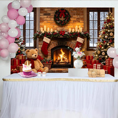 Lofaris Cozy Christmas Fireplace Backdrop with Decorated Trees and Presents, Festive Holiday Photography Background for Family Photoshoot