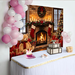 Lofaris Cozy Christmas Fireplace Backdrop with Decorated Trees and Presents, Festive Holiday Photography Background for Family Photoshoot