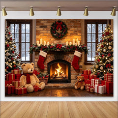 Lofaris Cozy Christmas Fireplace Backdrop with Decorated Trees and Presents, Festive Holiday Photography Background for Family Photoshoot