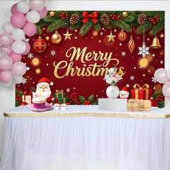 Lofaris Golden Glitter Merry Christmas Backdrop with Santa Claus and Snowman, Festive Red Holiday Background for Winter Party Decoration