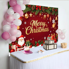 Lofaris Golden Glitter Merry Christmas Backdrop with Santa Claus and Snowman, Festive Red Holiday Background for Winter Party Decoration